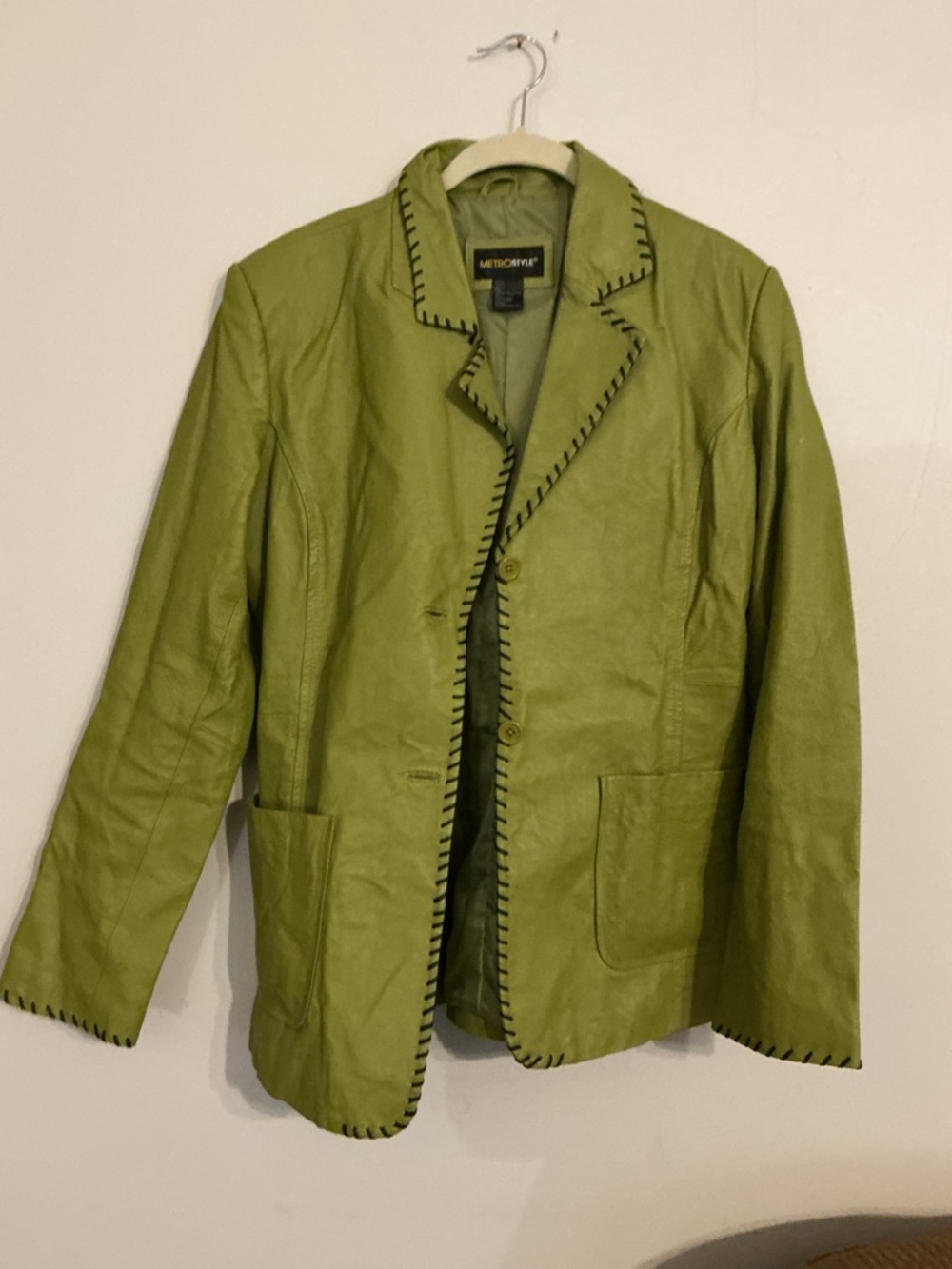 metrostyle Lime Green Leather Blazer with Contrast Stitching